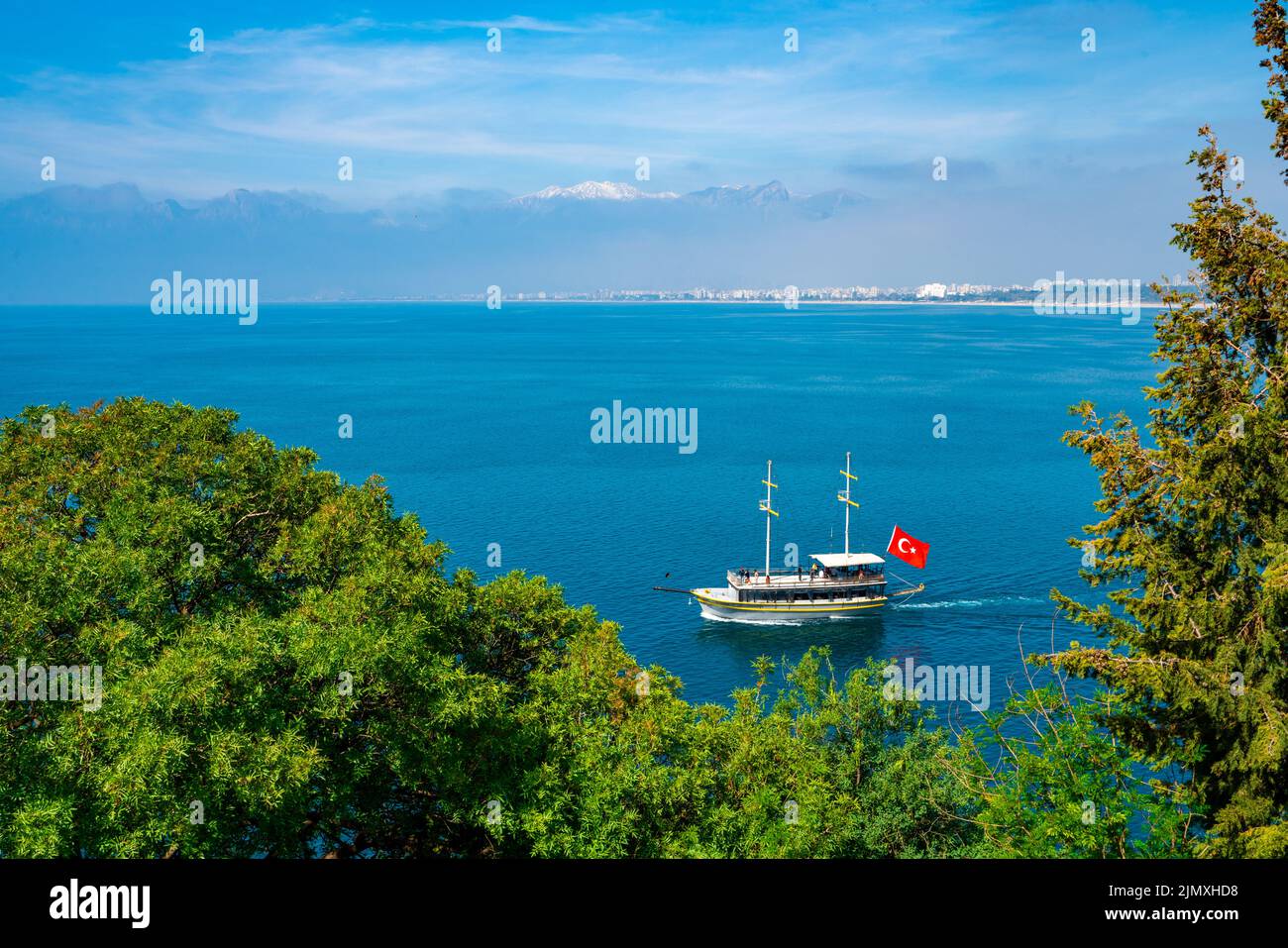 Antalya, Turkey. Sailing Ship For Sea Tours. Mediterranean landscape
