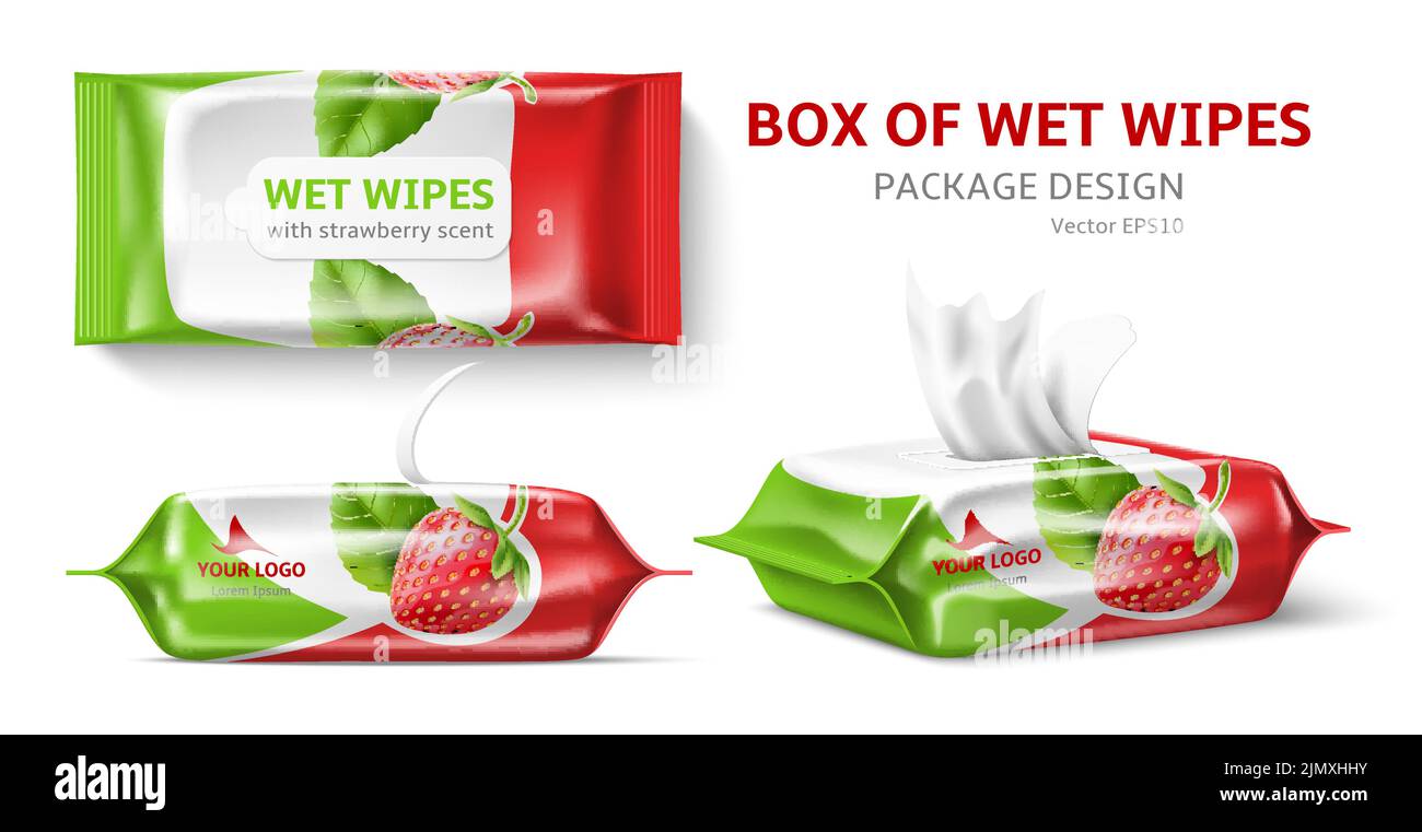 Realistic wet wipes design. Cleansing cosmetic wipes, antibacterial
