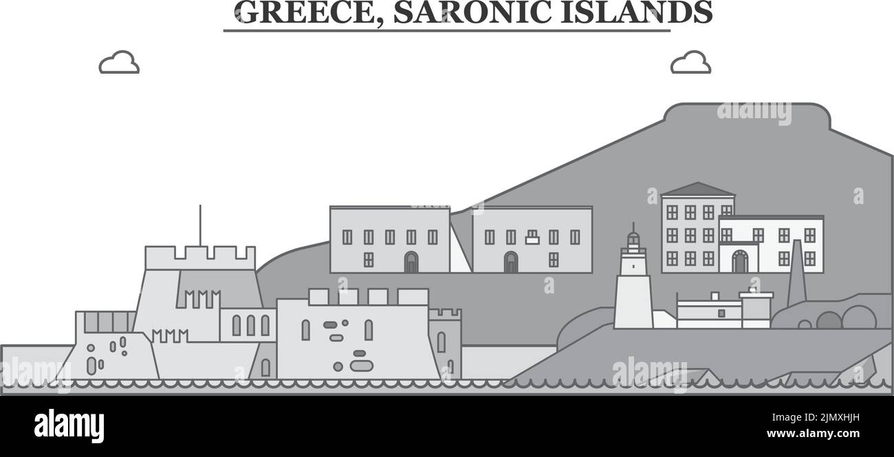 Greece, Saronic Islands city skyline isolated vector illustration, icons Stock Vector