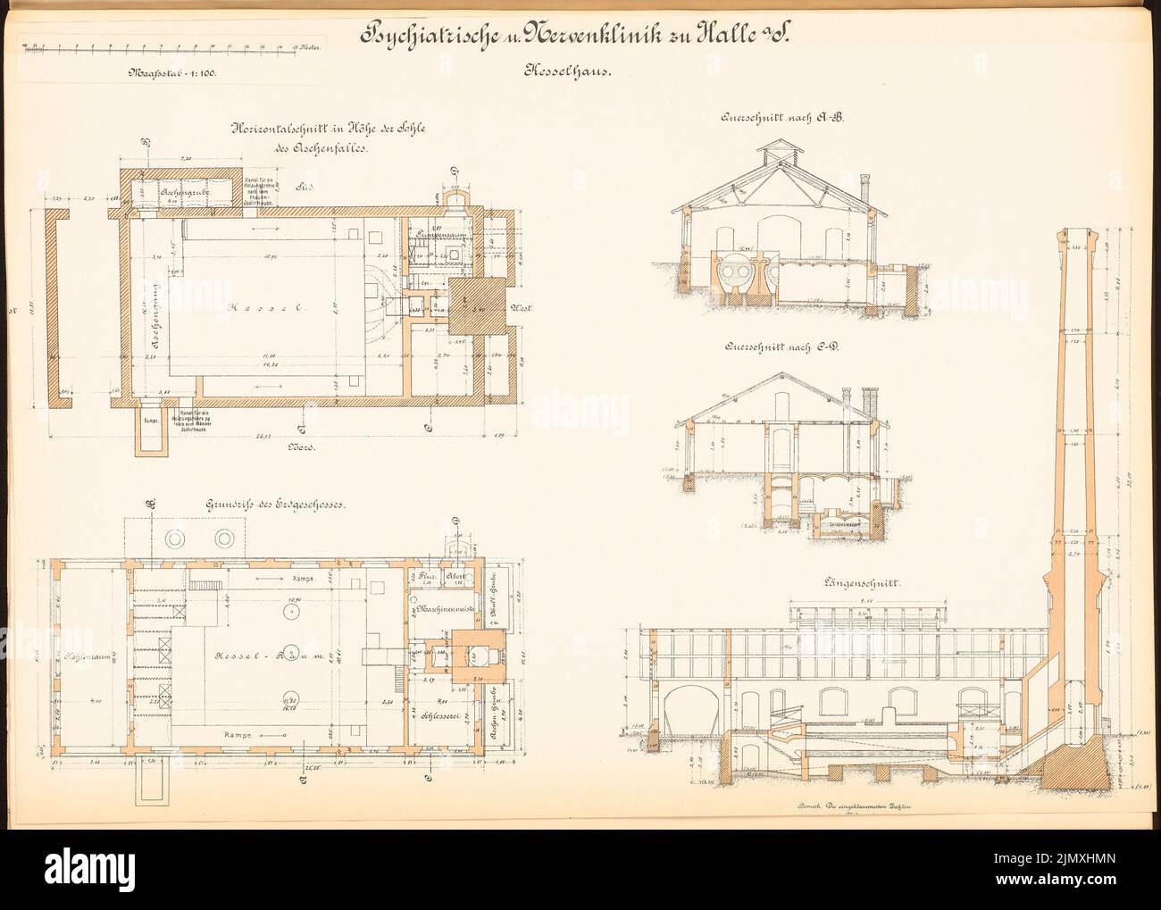 Unknown architect, psychiatric and nerve clinic of the Martin Luther University Halle/Saale (approx. 1892/1893): Kesselhaus: Grundrisse Fundaments, EG, 2 cross sections, longitudinal section 1: 100. Lithograph colored on paper, 49.1 x 68.7 cm (including scan edges) Stock Photo