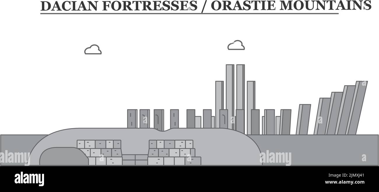 Romania, Dacian Fortresses, Orastie Mountains city skyline isolated vector illustration, icons Stock Vector