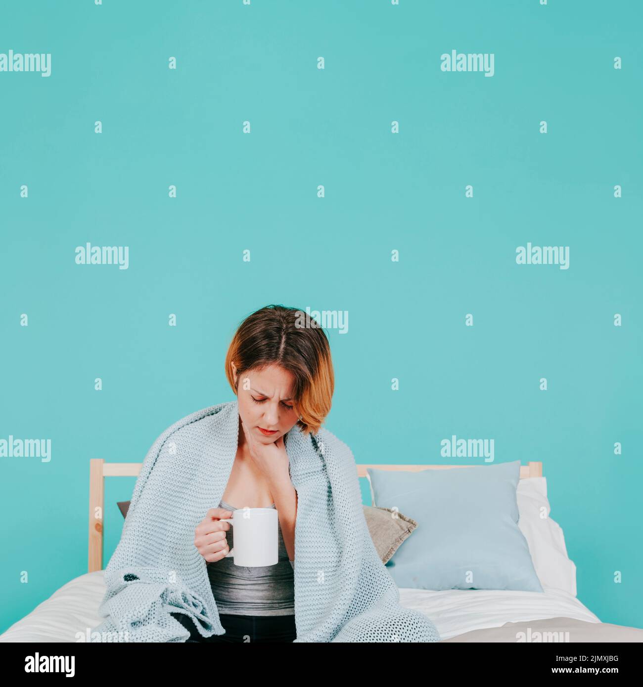 Woman feeling sick bed Stock Photo