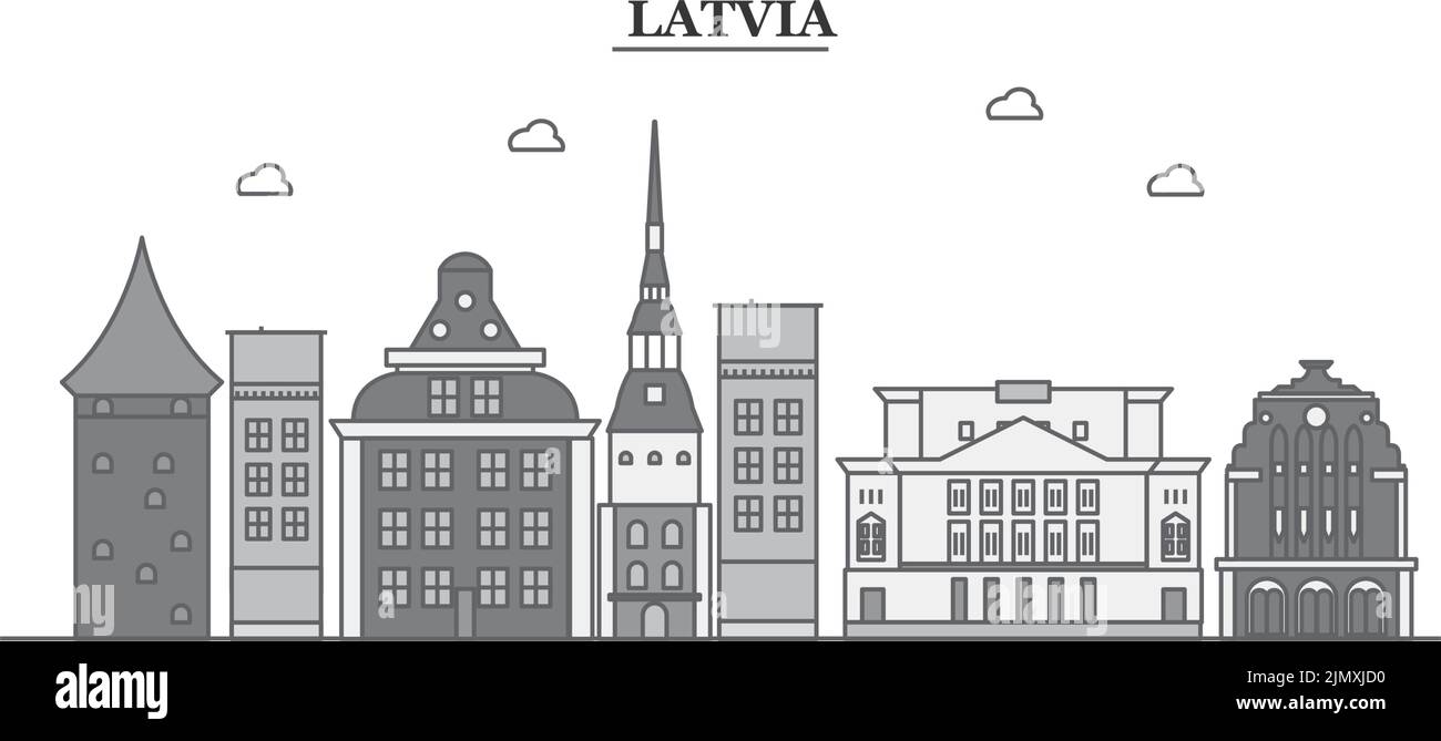 Latvia city skyline isolated vector illustration, icons Stock Vector