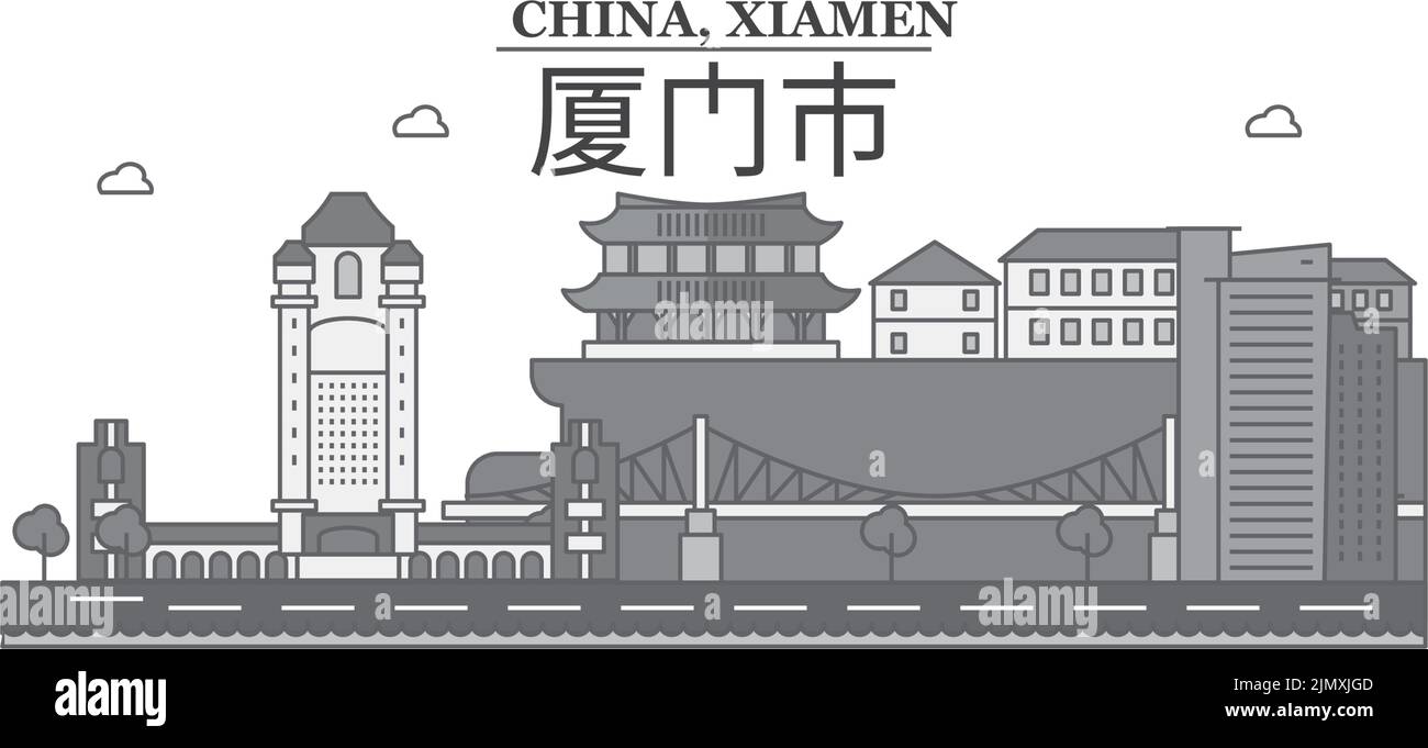 China, Xiamen city skyline isolated vector illustration, icons Stock Vector