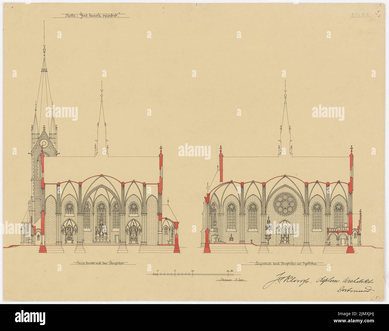 Klomp Johannes Franziskus (1865-1946), St. Aposteln Hafenkirche (with rectory), competition 'and yet oriented', Dortmund (1897-1897): cross and longitudinal section 1: 200. Tusche watercolor on the box, 42.8 x 54.6 cm (including scan edges) Stock Photo