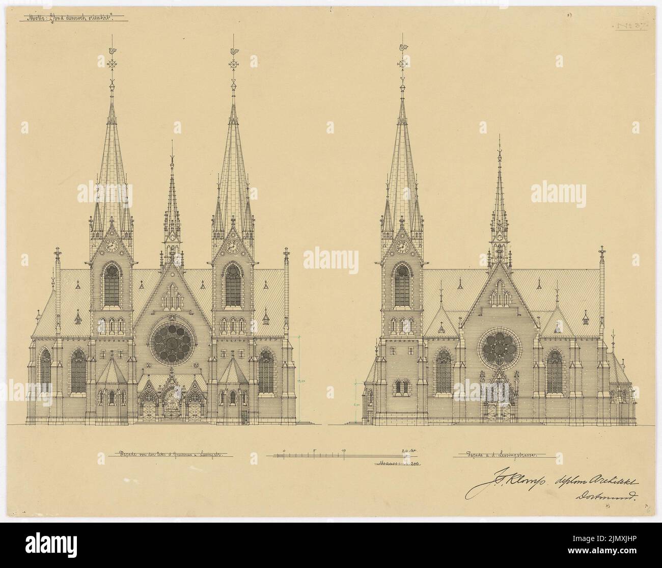 Klomp Johannes Franziskus (1865-1946), St. Aposteln Hafenkirche (with rectory), competition 'and yet oriented', Dortmund (1897-1897): front and side view of the church 1: 200. Ink on cardboard, 43 x 54.4 cm (including scan edges) Stock Photo