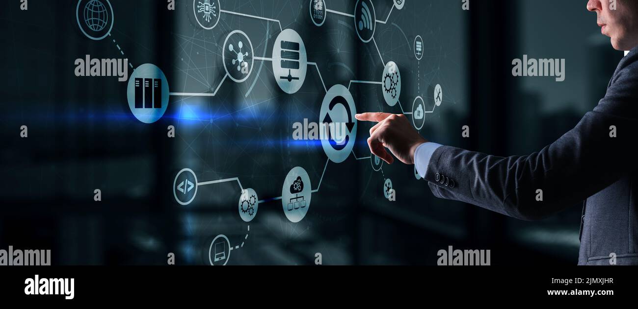 Man clicks on the Update icon. Upgrading concept Stock Photo