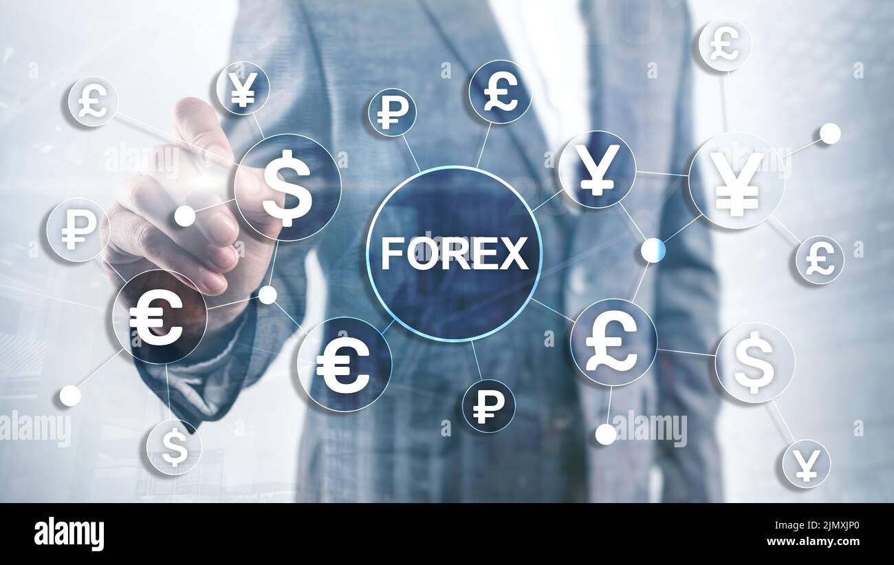 Forex trading currency exchange business finance diagrams dollar euro icons on blurred background Stock Photo