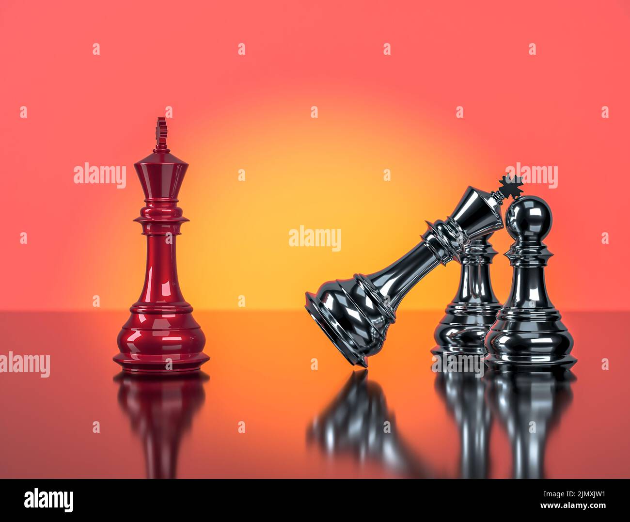 Red chess king standing position, defeating metal chess king supported