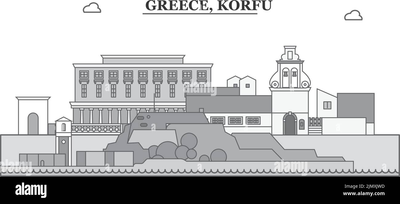 Greece, Korfu city skyline isolated vector illustration, icons Stock Vector