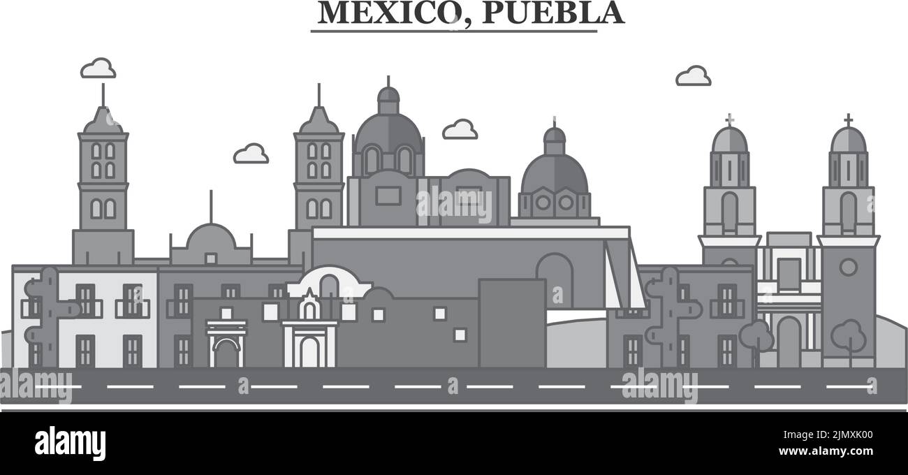 Mexico, Puebla city skyline isolated vector illustration, icons Stock ...