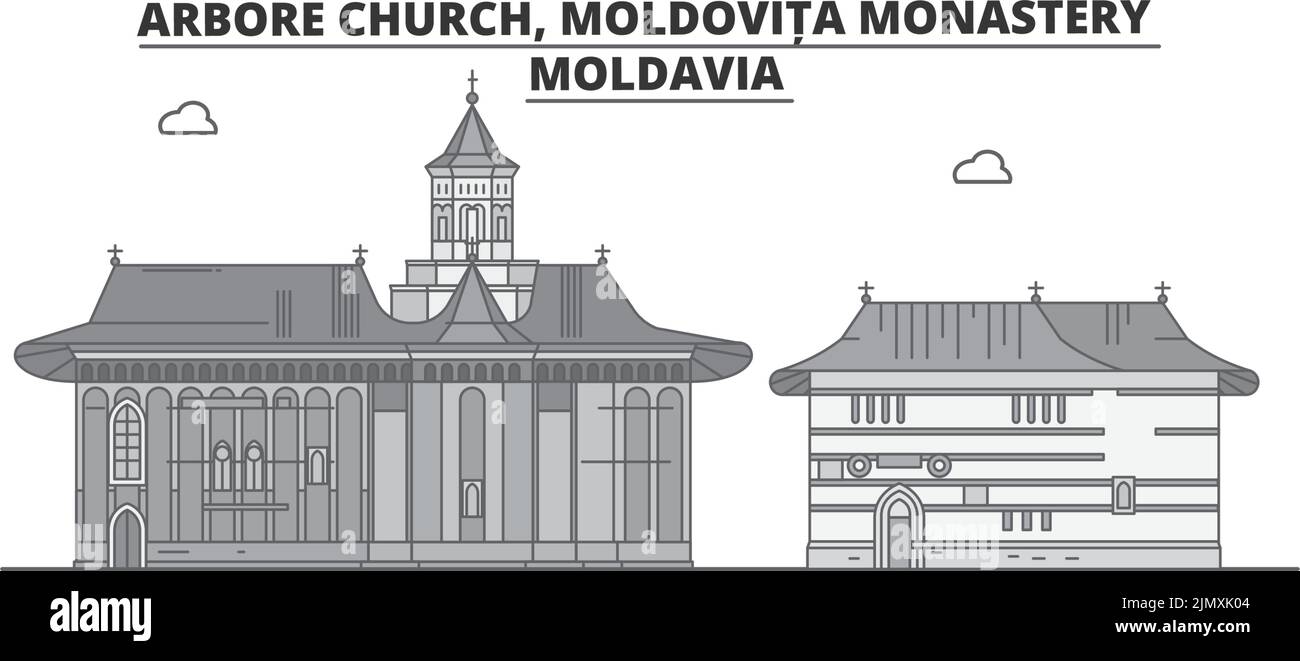 Moldavia, Arbore Church, Moldovita Monastery city skyline isolated vector illustration, icons Stock Vector