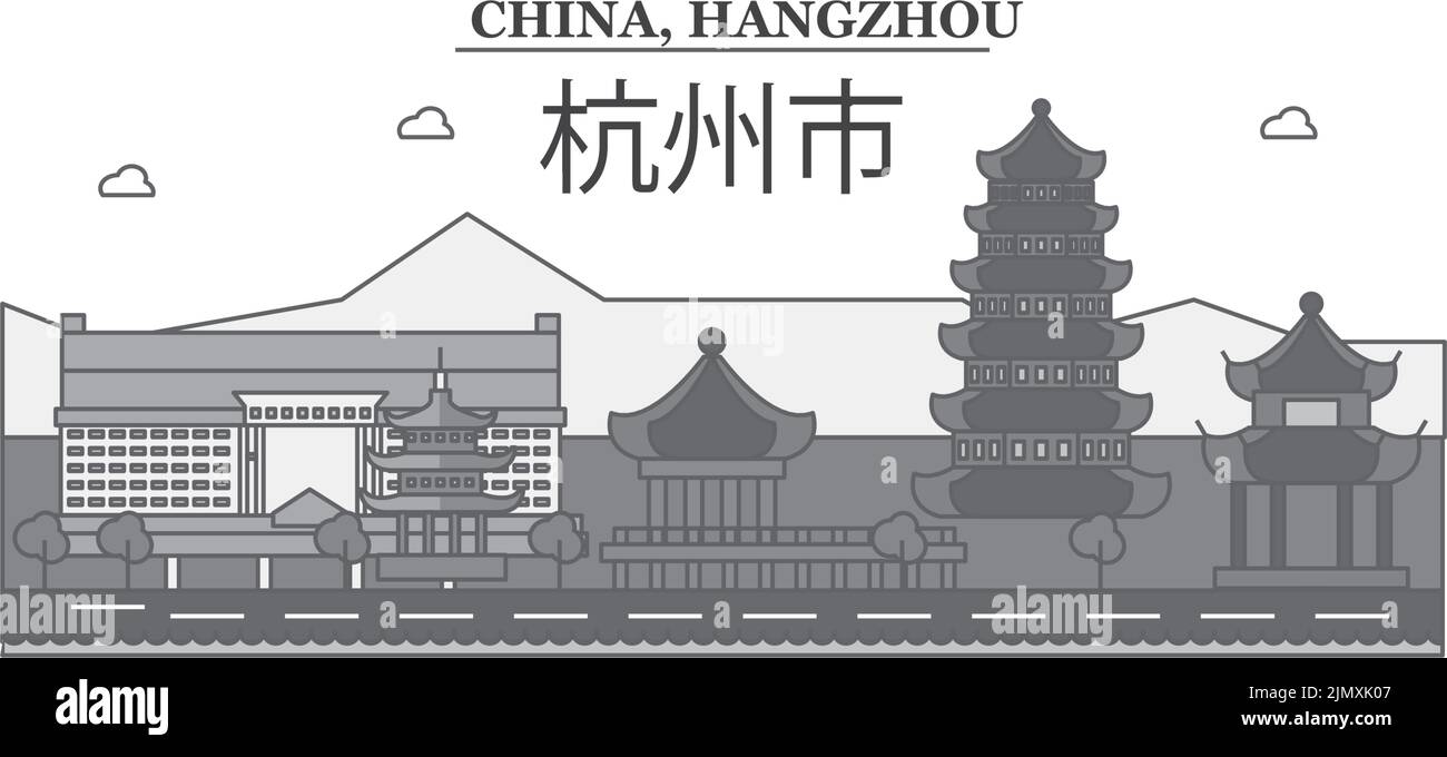 China, Hangzhou city skyline isolated vector illustration, icons Stock Vector