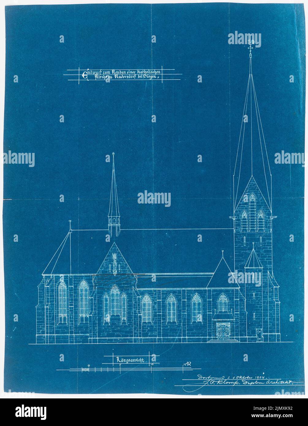 Klomp Johannes Franziskus (1865-1946), St. Laurentius, Rudersdorf near Wilnsdorf (01.10.1904): Seitage view. Pencil over blueprint on paper, 62.8 x 48.6 cm (including scan edges) Stock Photo