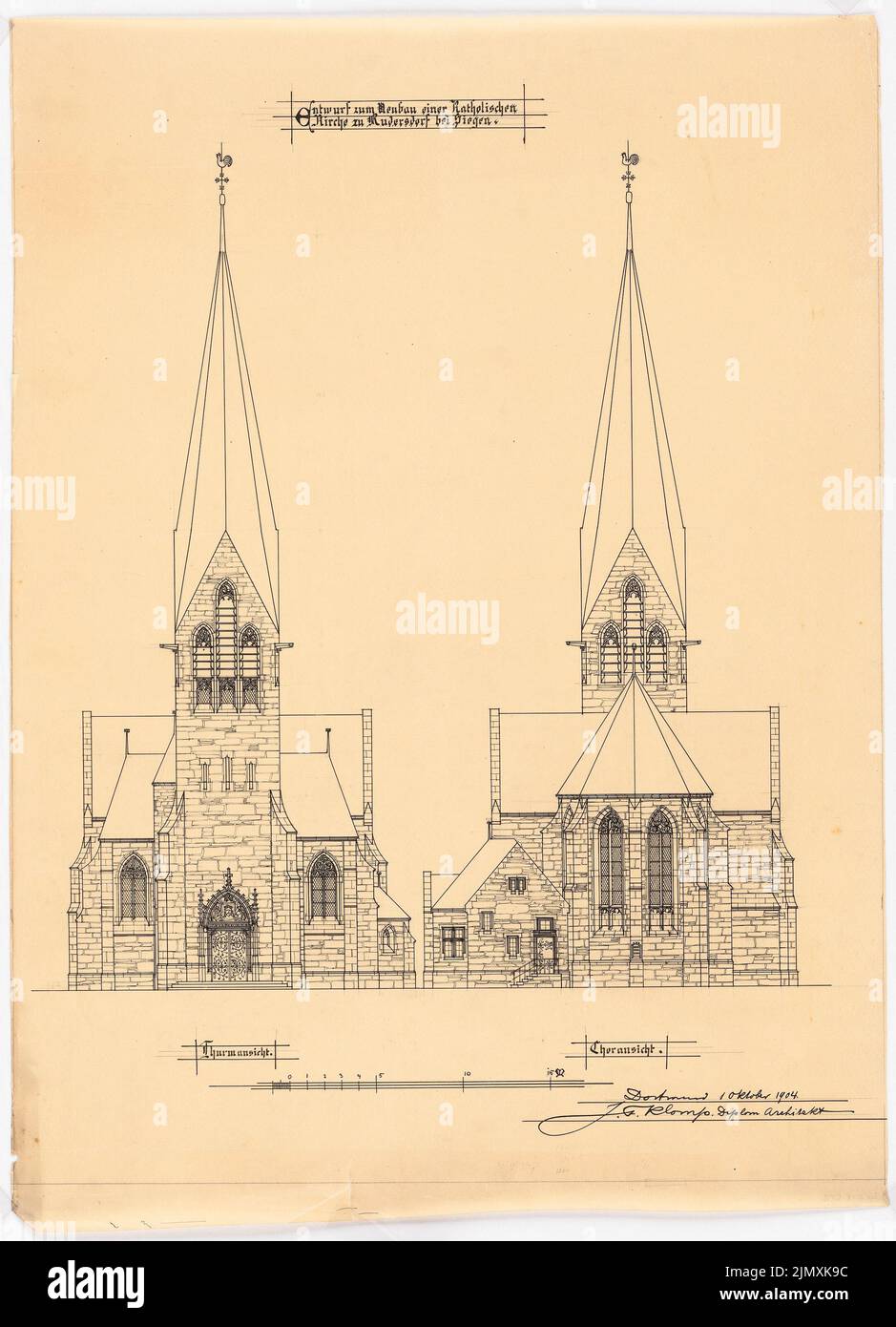 Klomp Johannes Franziskus (1865-1946), St. Laurentius, Rudersdorf near Wilnsdorf (01.10.1904): front and choir view. Ink on transparent, 71.2 x 51.4 cm (including scan edges) Stock Photo