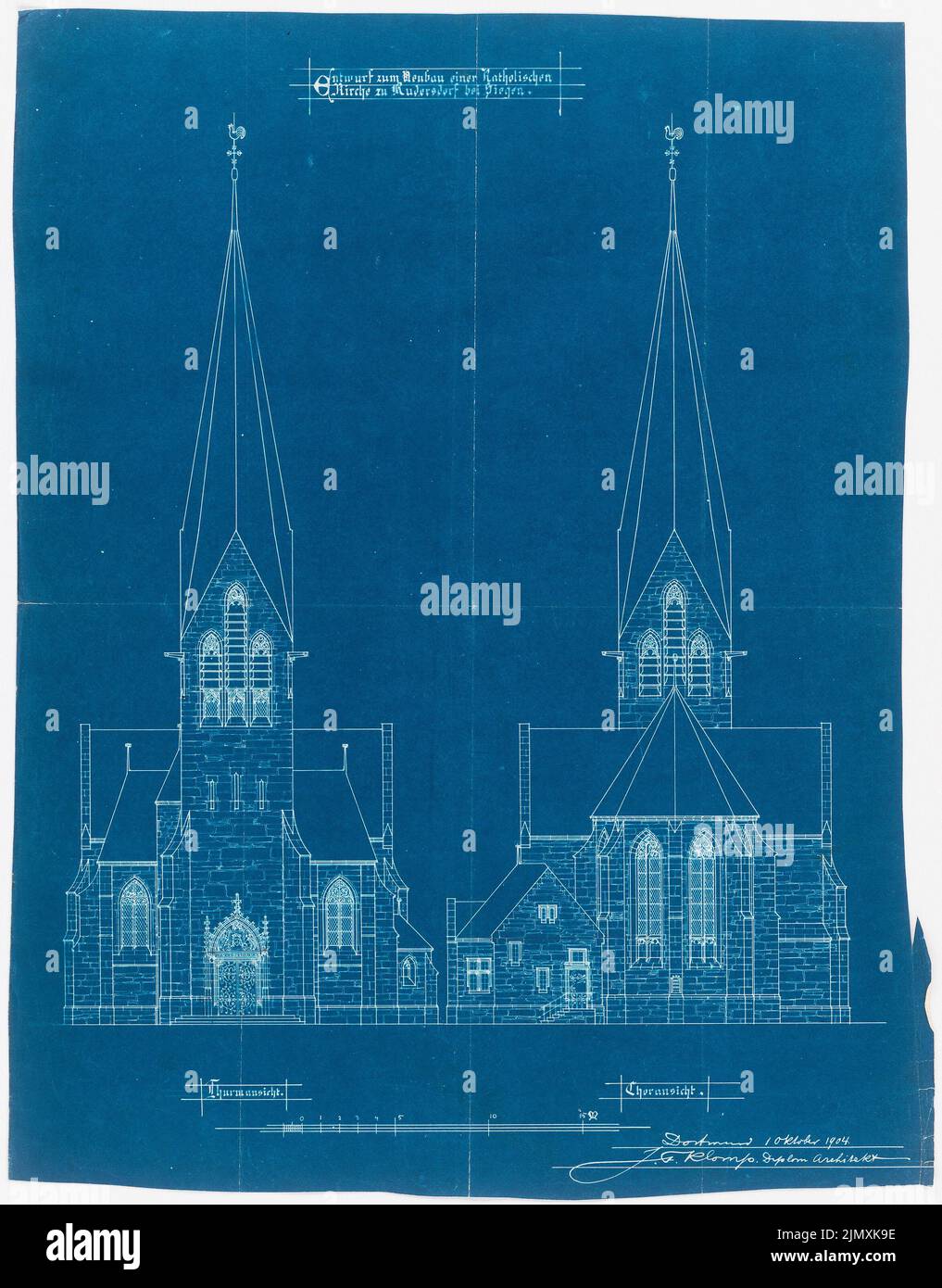 Klomp Johannes Franziskus (1865-1946), St. Laurentius, Rudersdorf near Wilnsdorf (01.10.1904): front and choir view. Pencil over blueprint on paper, 64 x 50.1 cm (including scan edges) Stock Photo