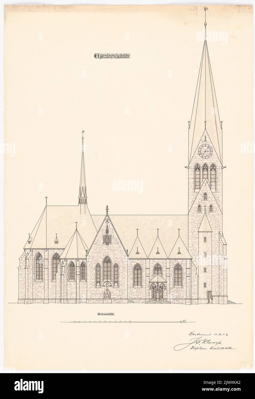 Klomp Johannes Franziskus (1865-1946), St. Laurentius, Rudersdorf near Wilnsdorf (December 21, 1903): Side view (preliminary draft). Ink, ink colored on cardboard, 73.4 x 50.1 cm (including scan edges) Stock Photo