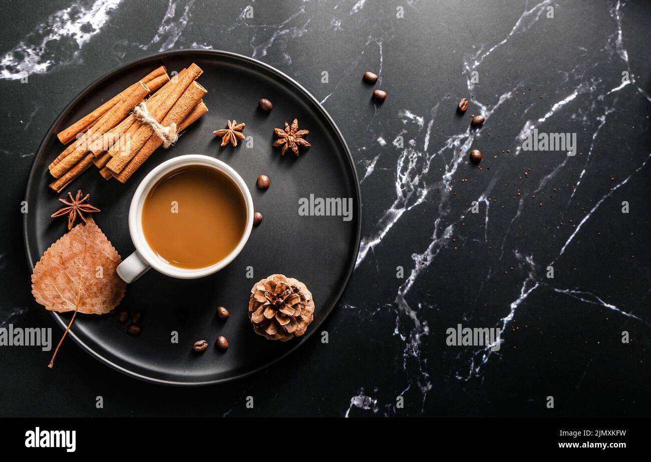 Top view tray with cup coffee cinnamon sticks Stock Photo