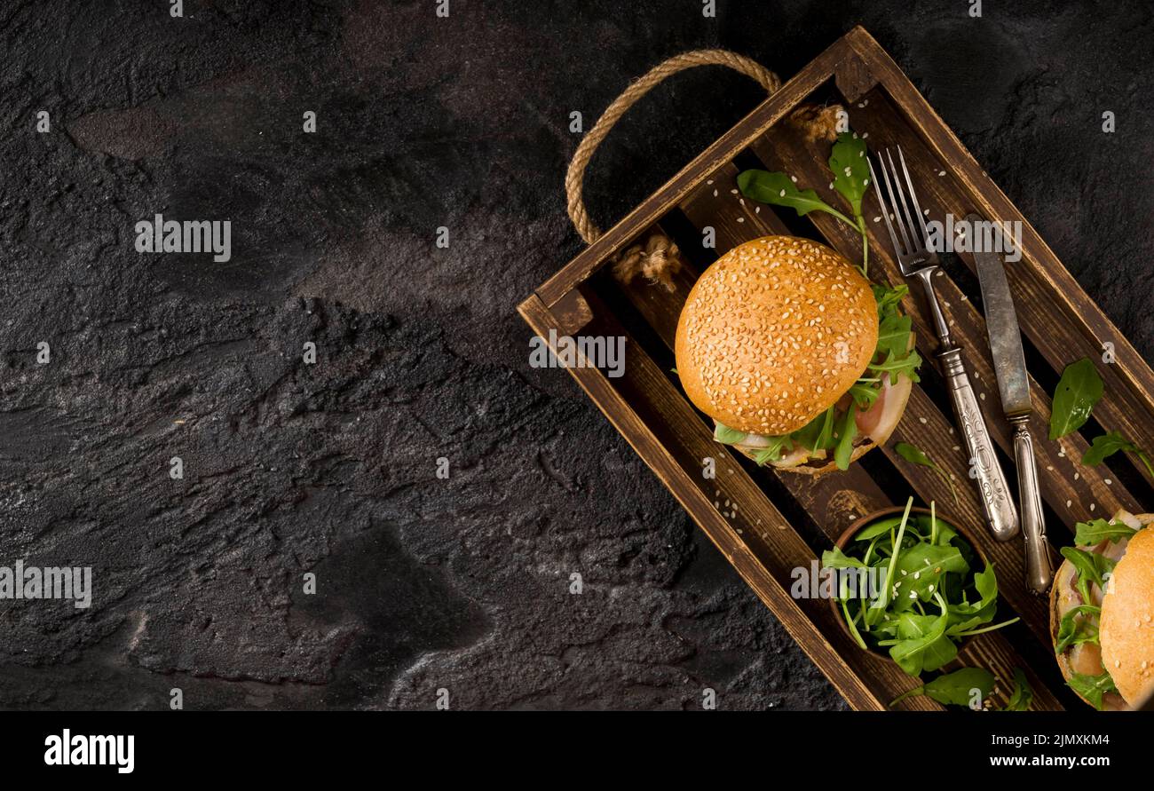 Top view burgers basket with copy space Stock Photo