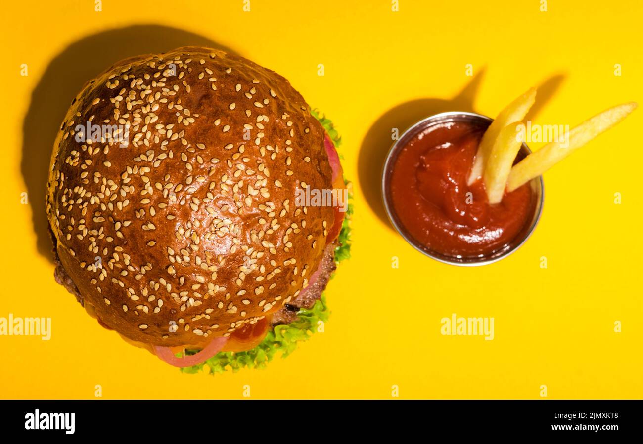 Top view classic beef burger with ketchup Stock Photo Alamy