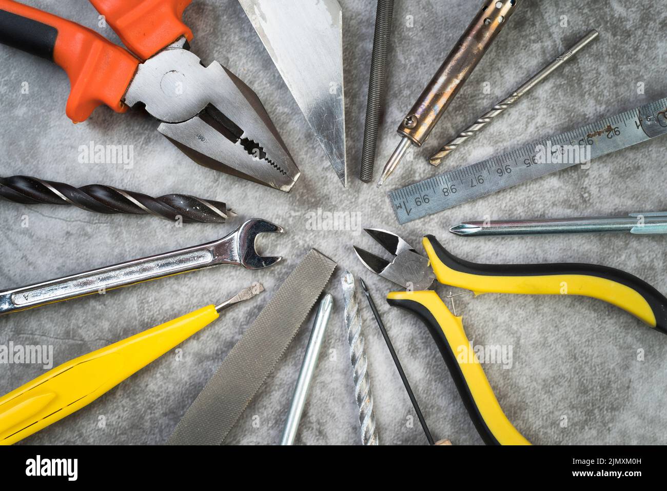 Top view different types tools Stock Photo