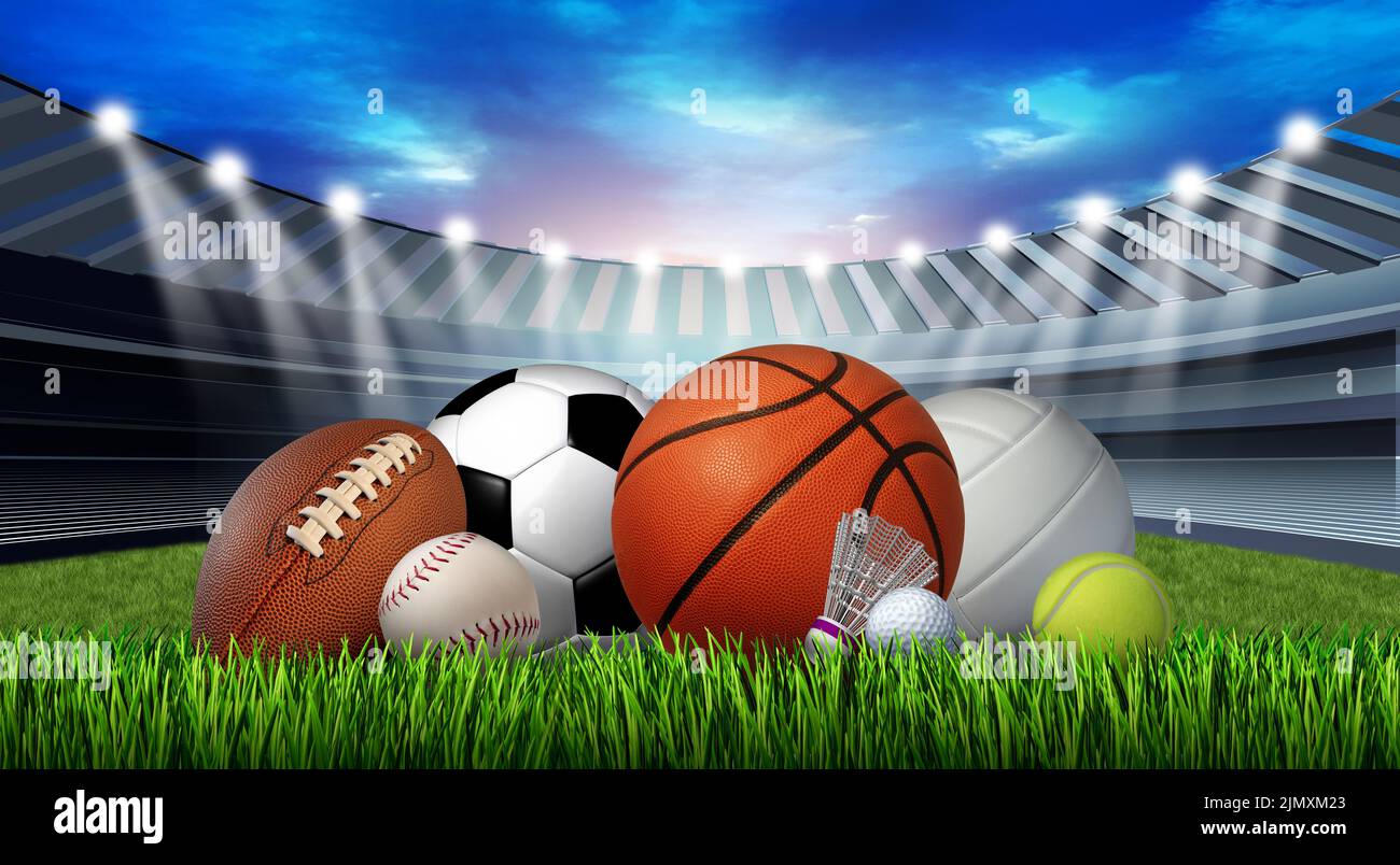 sports stadium equipment and leisure sports on grass in a sport stadium with a football basketball baseball golf soccer tennis ball volleyball. Stock Photo