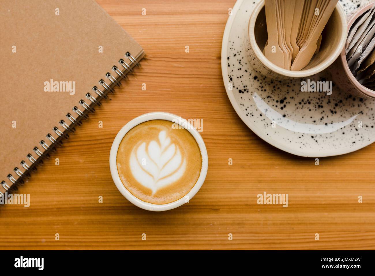 Top view desk with cup cofee Stock Photo