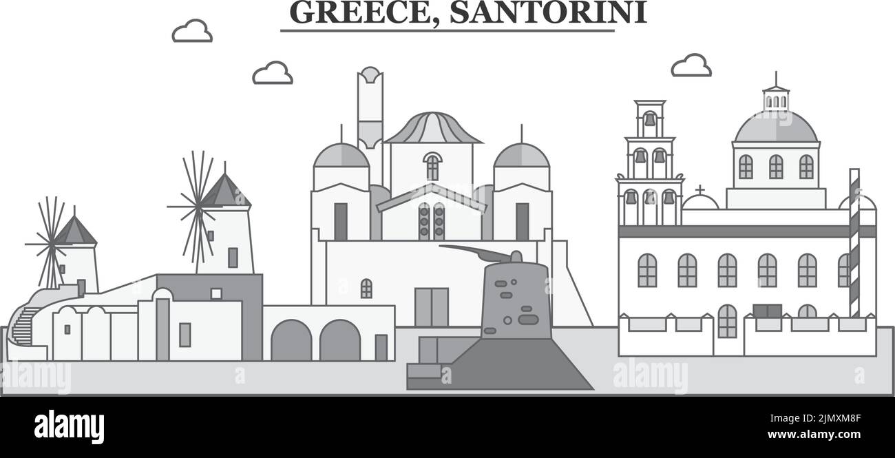 Greece, Santorini city skyline isolated vector illustration, icons Stock Vector