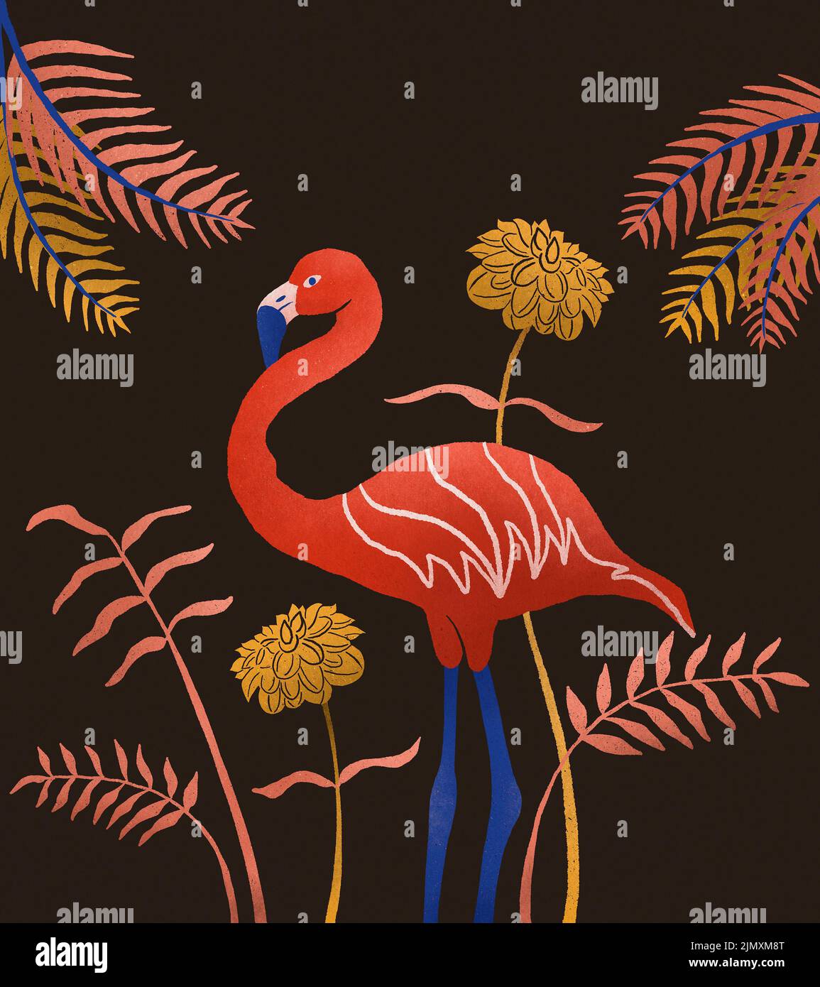 Tropical theme American Flamingo bird digital art illustration with dark background. Hot pink or red color bird motif. Floral and Texture design Stock Photo