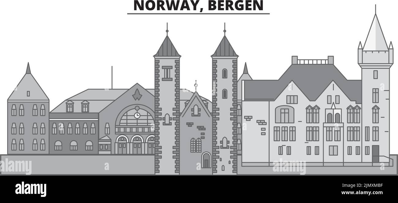 Norway, Bergen city skyline isolated vector illustration, icons Stock Vector
