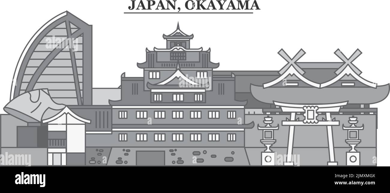 Japan, Okayama city skyline isolated vector illustration, icons Stock Vector