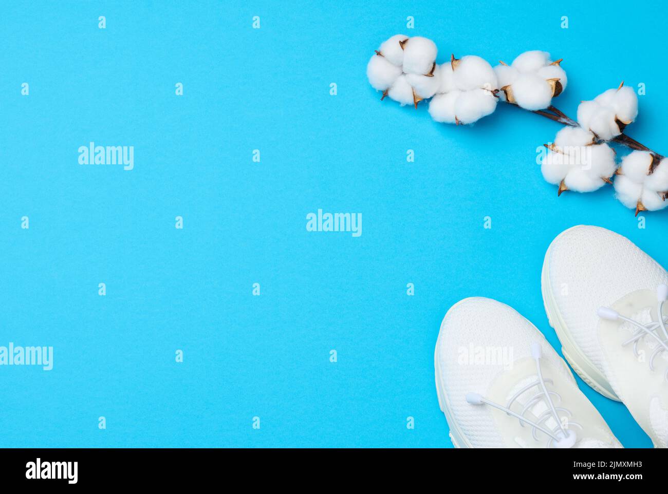 White textile sneakers on a blue background, top view Stock Photo