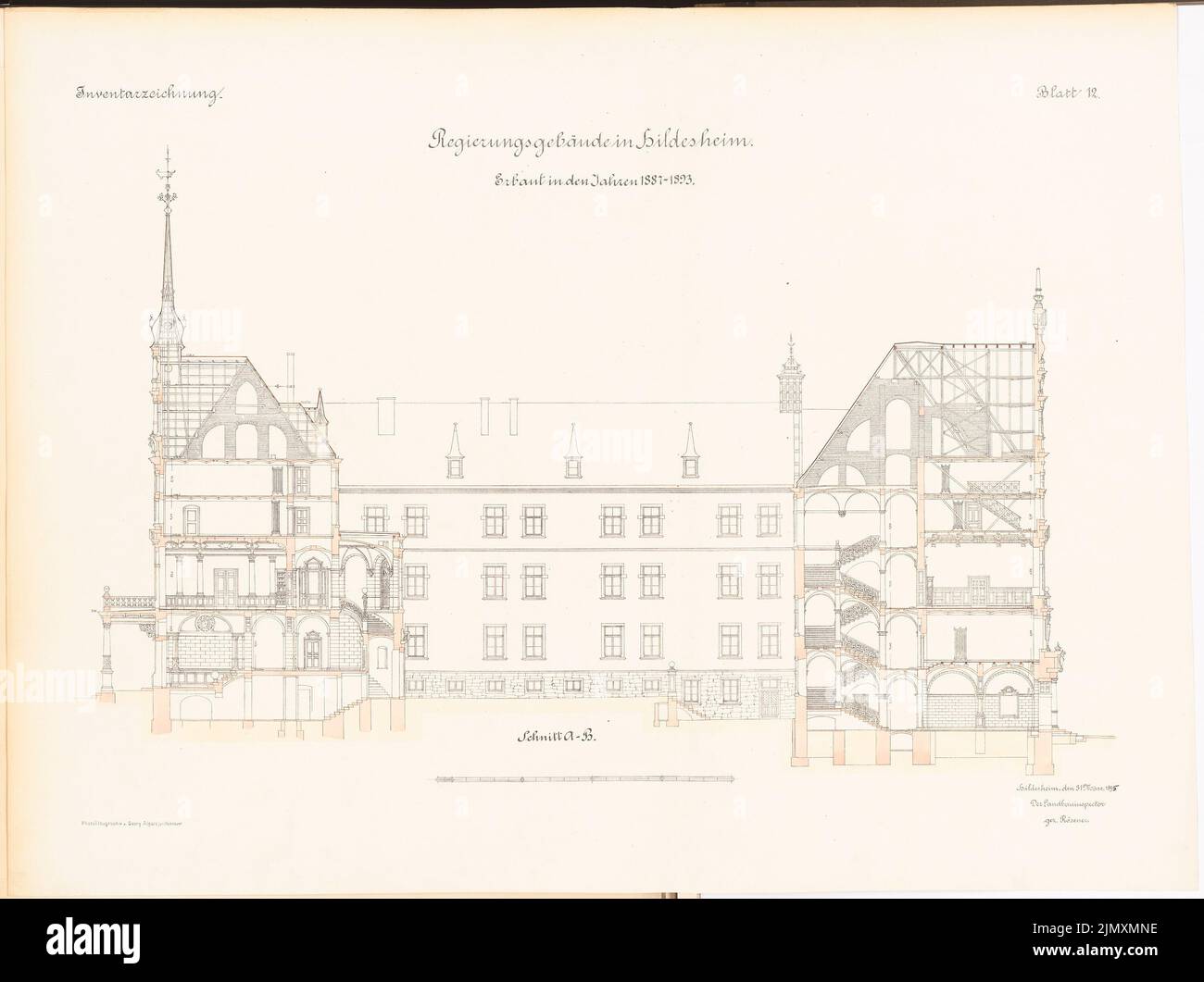 Unknown architect, government building in Hildesheim (approx. 1895/1896): Cut. Lithograph colored on paper, 64 x 85.7 cm (including scan edges) Stock Photo