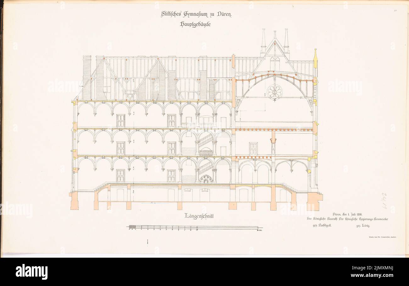 Unknown architect, Stiftisches Gymnasium, Düren (approx. 1896): longitudinal section. Lithograph colored on paper, 41.9 x 66.5 cm (including scan edges) Stock Photo