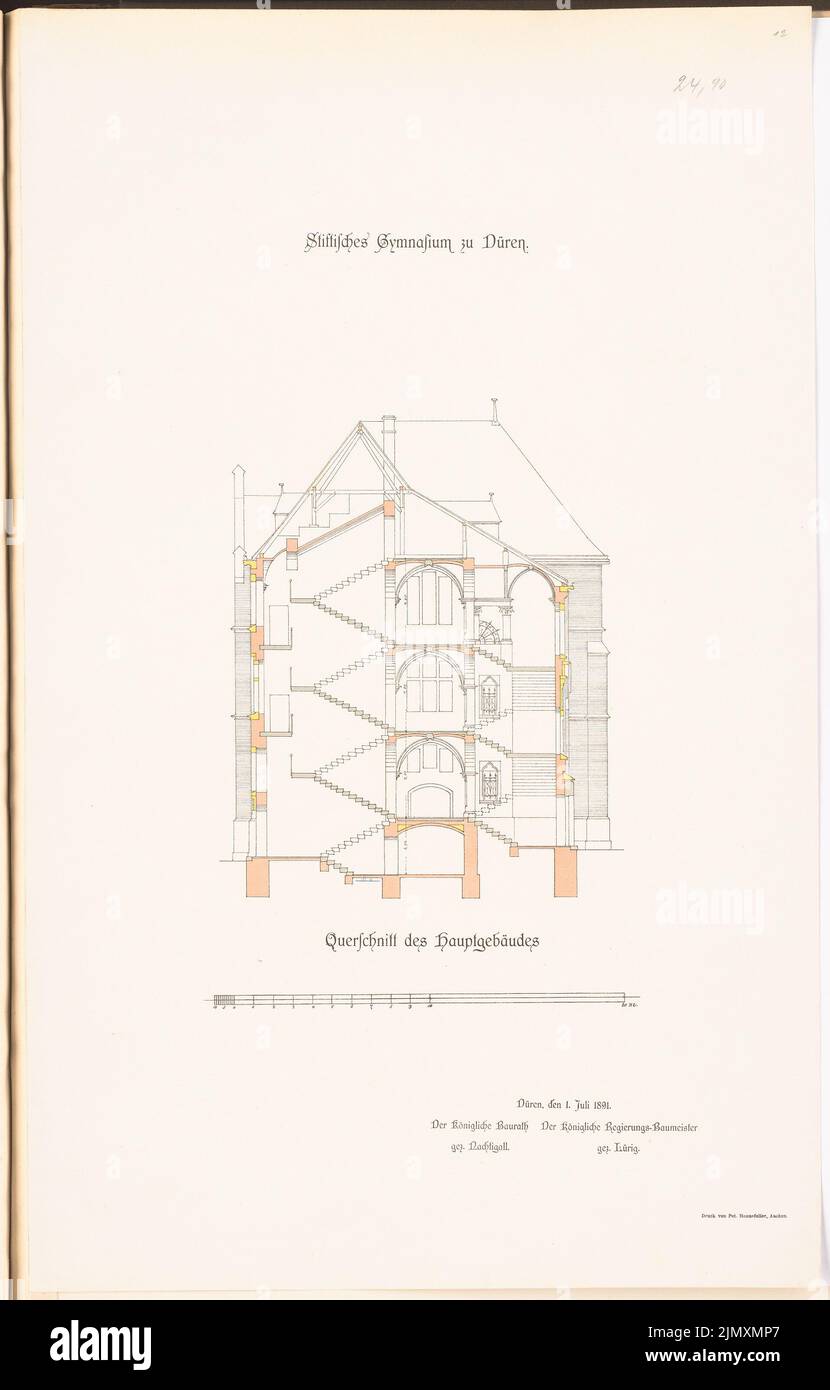 Unknown architect, Stiftisches Gymnasium, Düren (approx. 1896): cross -section. Lithograph colored on paper, 66.7 x 42.6 cm (including scan edges) Stock Photo