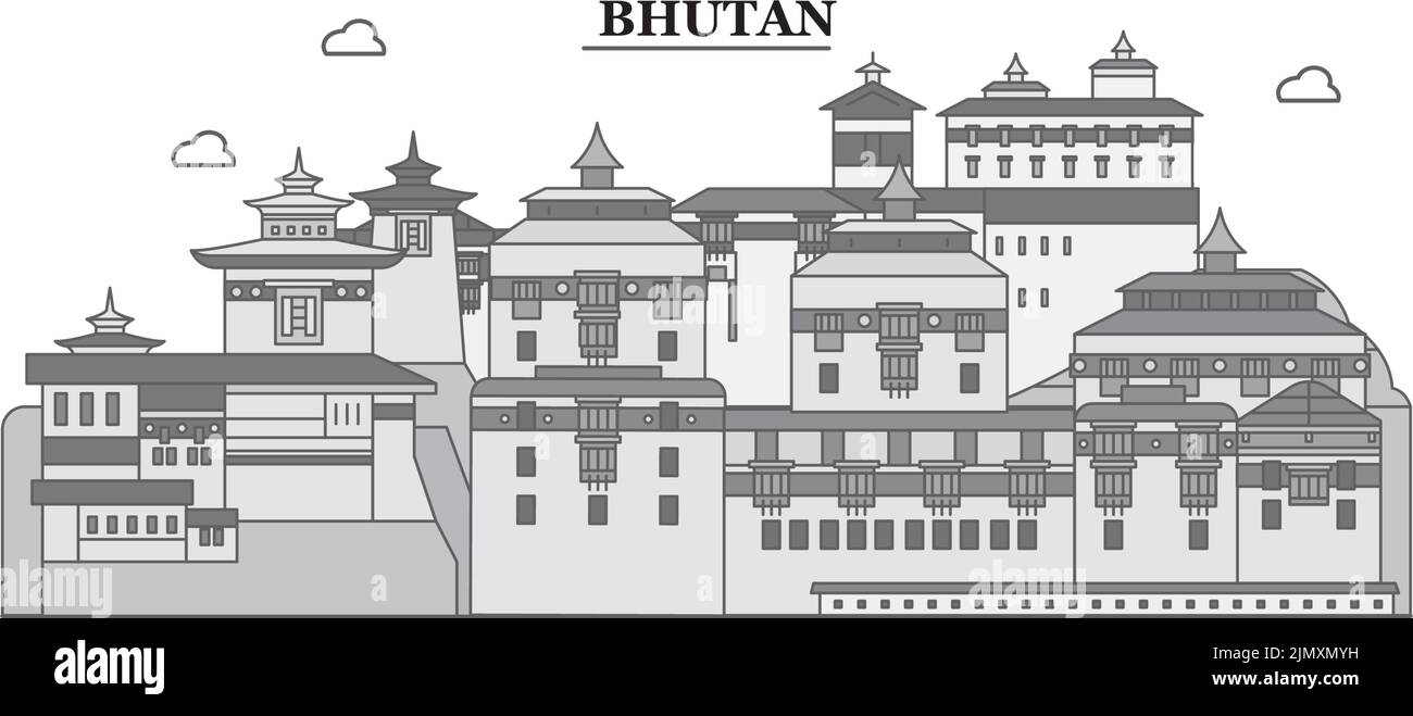 Bhutan city skyline isolated vector illustration, icons Stock Vector