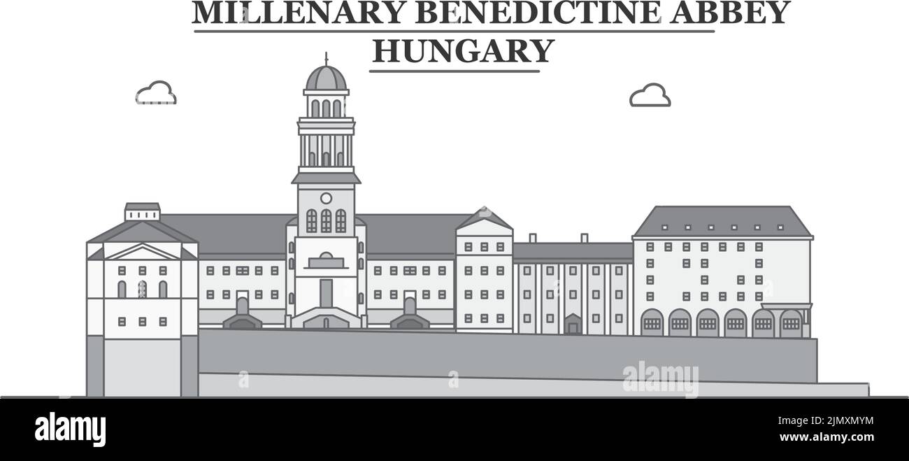 Hungary, Millenary Benedictine Abbey city skyline isolated vector illustration, icons Stock Vector