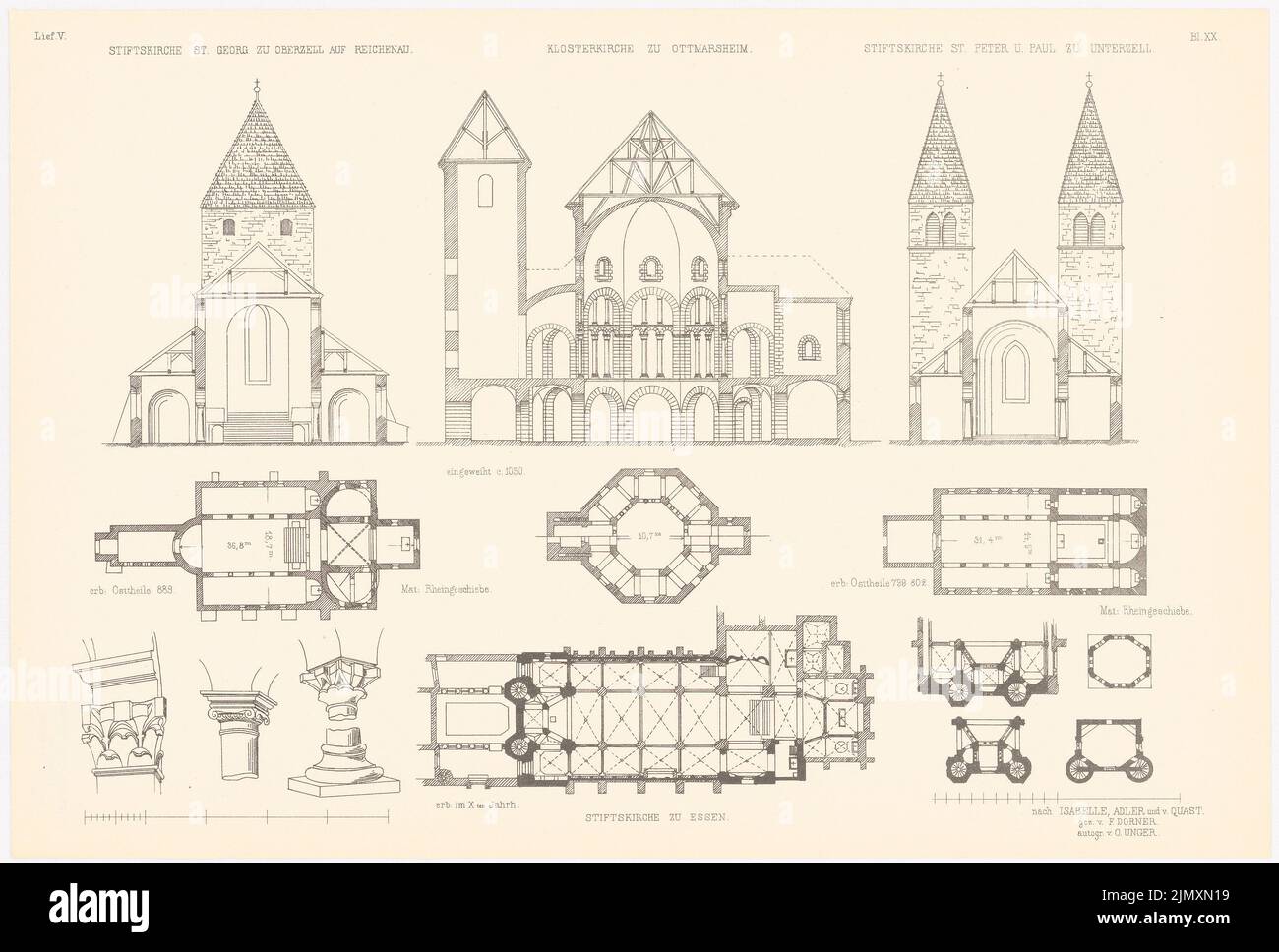 N.N., Abbey Church in Essen and on the island of Reichenau. (From: Alintchristl. U. Roman. Building, ed. Character Excep. D. Stud. TH Berlin, 1875) (1875-1875): cross sections, floor plans, details, St Georg zu Oberzell, monastery church in Ottmarsheim, Stiftskirche To Unterzell. Print on paper, 35.6 x 52.7 cm (including scan edges) Stock Photo
