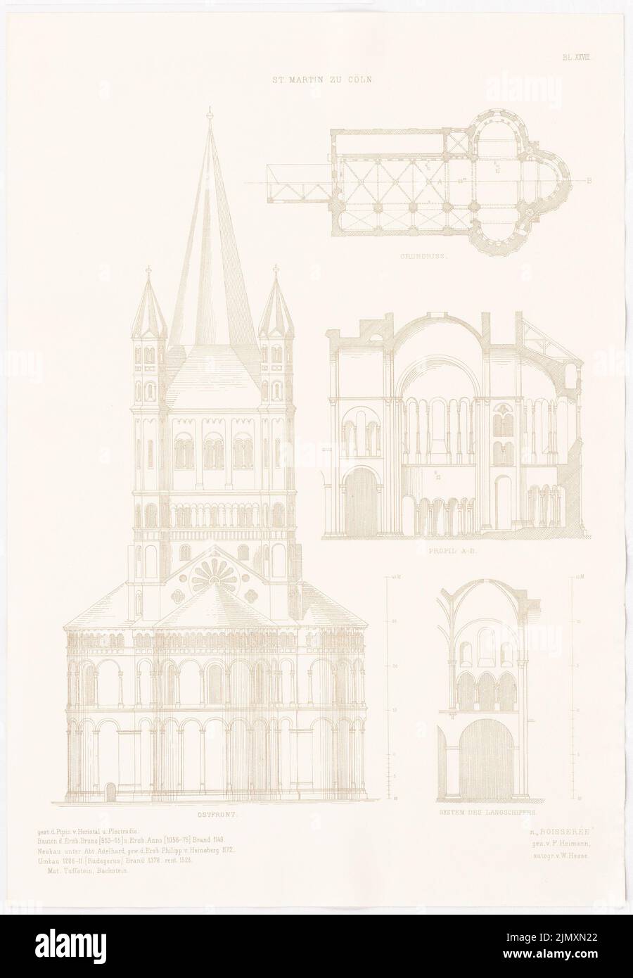 N.N., St. Martin in Cologne. (From: Altchristl. U. Roman. Building, ed. V. Character output d. Stud. TH Berlin, 1875) (1875-1875): View, floor plan, cross-section, detail. Pressure on paper, 52 x 36 cm (including scan edges) Stock Photo