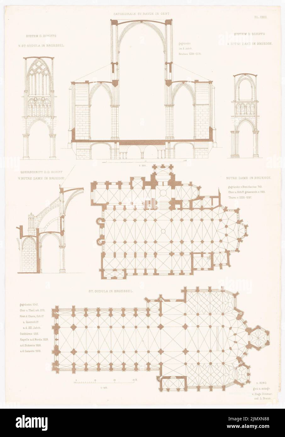 N.N., Kathedral St. Bavon in Ghent. St. Gundula in Brussels. (From: Gothic architecture in France, ed. V. Character output d. Stud. TH Berlin, 1875) (1875-1875): cross-section, detail, floor plan, details Brugge, floor plan Brussels. Pressure on paper, 52.2 x 36.4 cm (including scan edges) Stock Photo