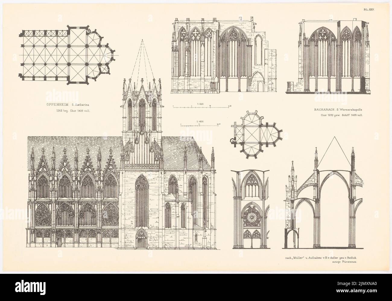 N.N., S. Katharina in Oppenheim. St. Wernerskapelle in Bacharach. (From: Gothic architecture in Germany, ed. V. Character output. D. Stud. TH Berlin, 187 (1875-1875): floor plan, view, interior views Oppenheim, cross-section, floor plan, detail bacharach. Pressure on paper, 36, 8 x 52.7 cm (including scan edges) Stock Photo