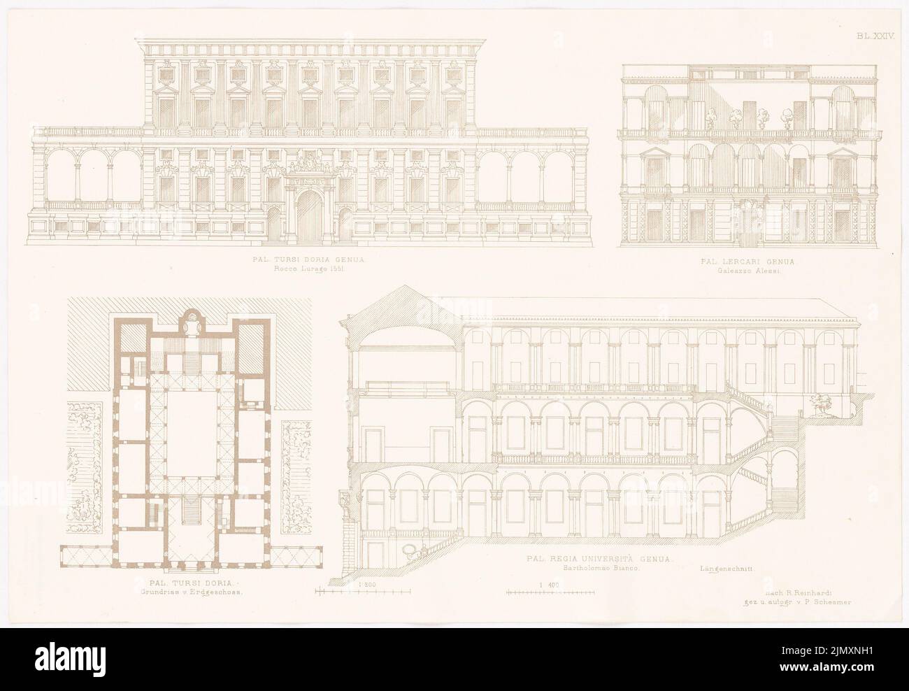 N.N., Uffizien, Florence. S. Salvatore, Venice. Sapienza, Rome. Porta Stuppa, Venice. (From: architecture d. Renaissance in Italy and Spain, ed. V. Character output d. Stud. TH Berlin, 1875): View, floor plan, cross -section, cross -section S. Salvatore, cross -section sapienza, view porta stuppa. Print on paper, 35.9 x 52 cm (including scan edges) Stock Photo