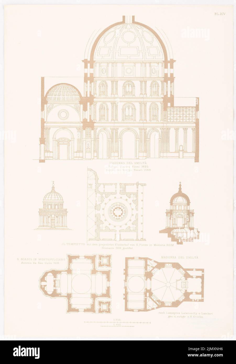 N.N., Madonna del Umilta in Pistoja. Il Tempieto in Rome. S. Bagio in Montepulciano. (From: architecture d. Renaissance in Italy and Spain, ed. V. Signaus (1875-1875): cross-section, floor plan Madonna, view, floor plan, cross-section IL Tempieto, floor plan S. Bagio. Pressure on paper, 52.2 x 36.2 cm (including scan edges) Stock Photo