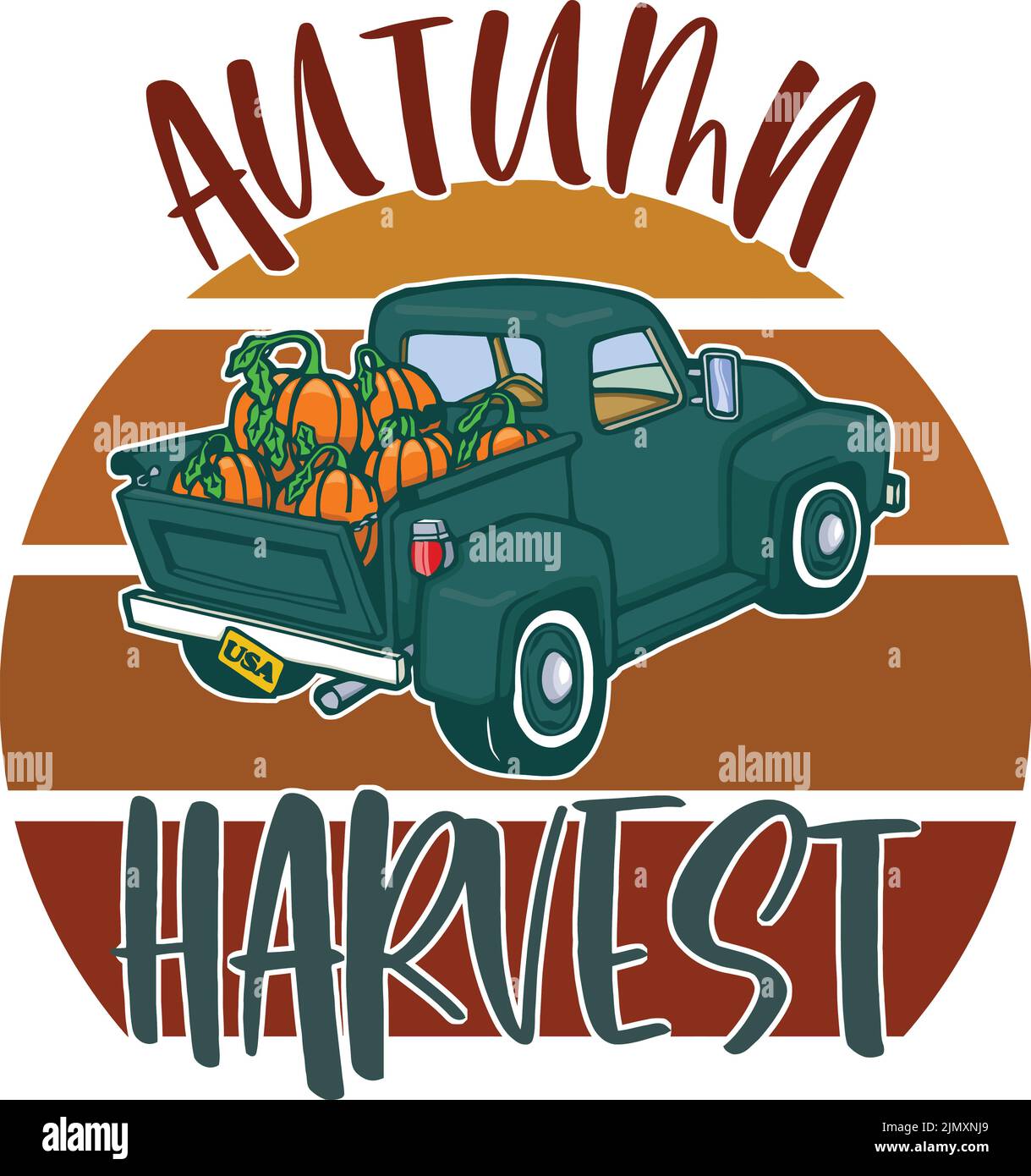 real autumn pumpkin truck with autumn harvest Stock Vector