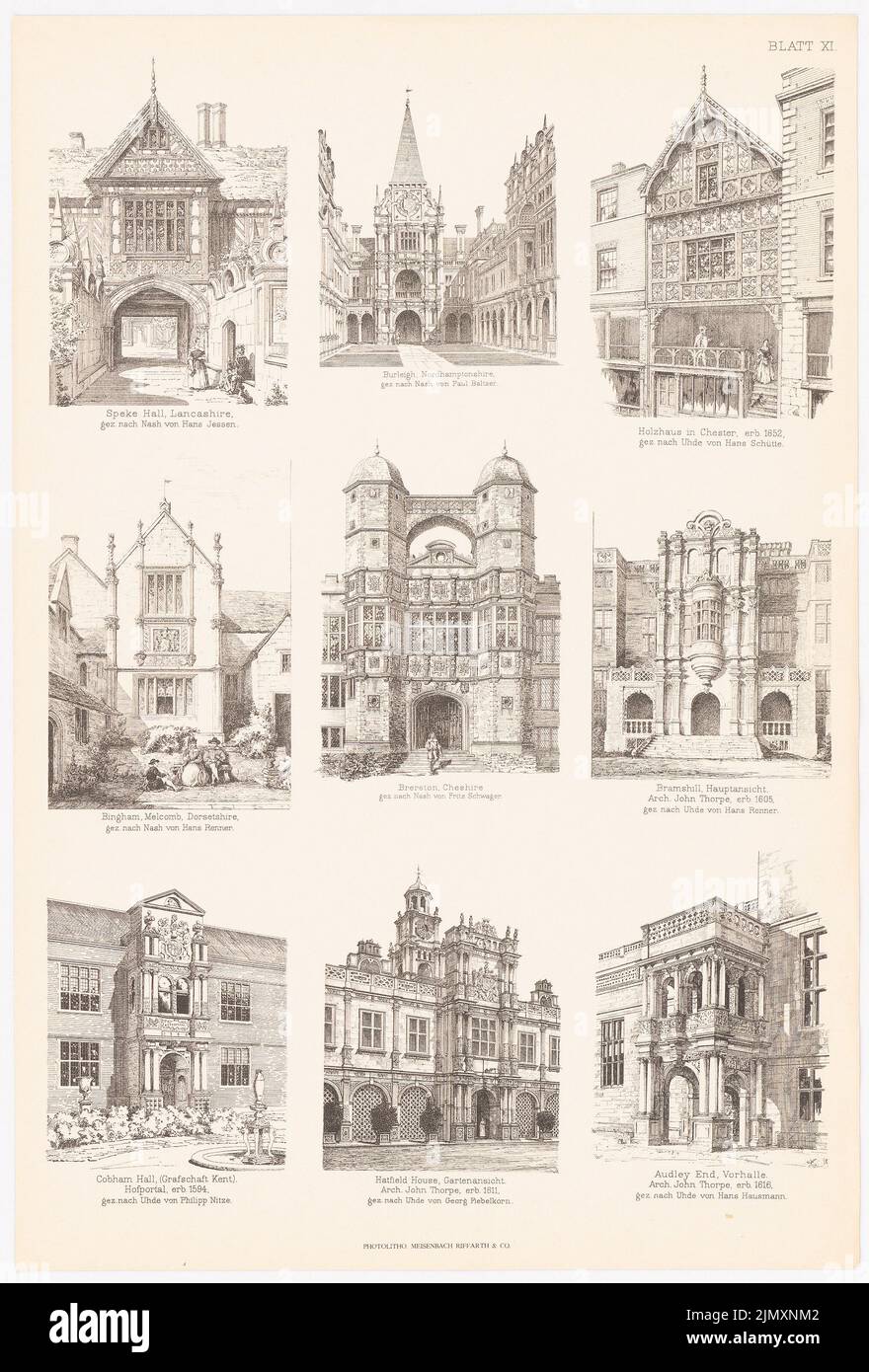 N.N., houses in Lancashire, Burleigh, Chester, Bingham, Brereton, Bramshill, Audley End. (From: Baukunst d. Renaissance in England, ed. V. Character Excess D (1875-1875): Spece Hall in Lancashire. Halle in Burleigh, Northhamptonshire. Holzhaus in Chester. Cobham Hall in Kent. Hatfield House. Audley End .. Print on paper, 53.2 x 36 cm (including scan edges) Stock Photo