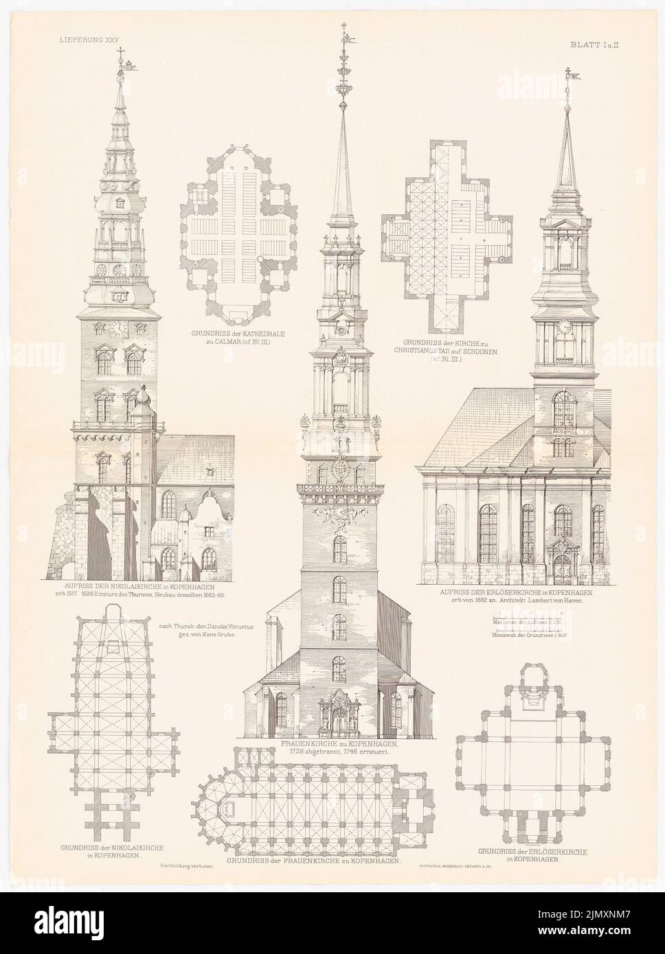 N.N., Nikolaikirche, Frauenkirche and Redeemer Church, Copenhagen. Cathedral, Kalmar. (From: architecture of the Renaissance in Denmark and Sweden, ed. V. Drawe (1875-1875): Views, floor plan Nikolaikirche, Frauenkirche, Erlöserkirche, floor plan Kathedral, Kirche. Pressure on paper, 72.3 x 53 , 9 cm (incl. Scan edges) Stock Photo