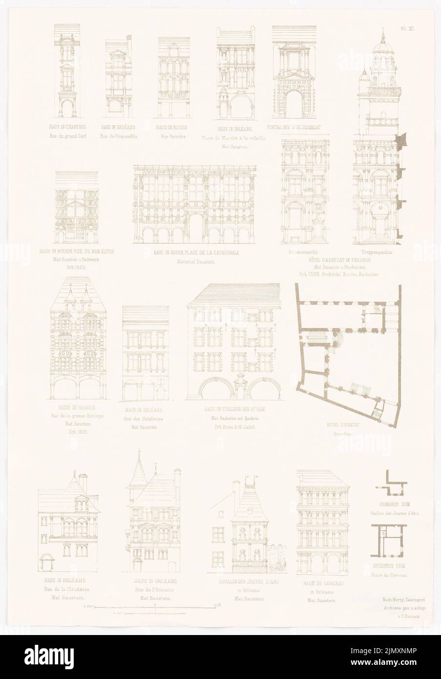 N.N., House in Chartres, Rouen and Toulouse. Houses in Orleans. Pavilion of the Jeanne d´Arc. House du Cerceau. (From: Baukunst d. Renaissance in France, ed. (1875-1875): Views. Pressure on paper, 52.3 x 36.3 cm (including scan edges) Stock Photo