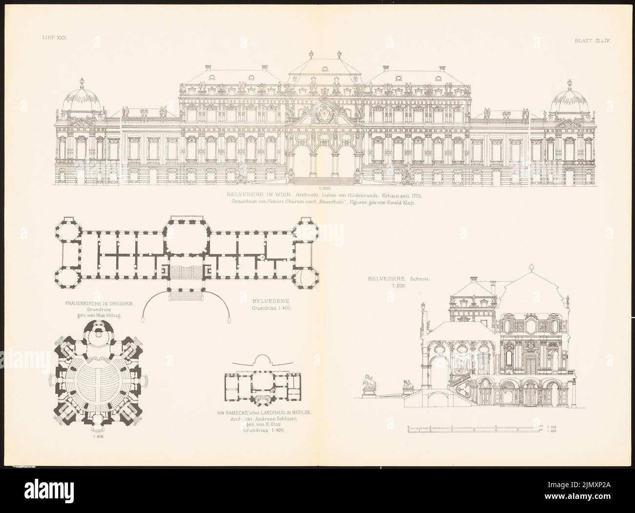 N.N., Belvedere in Vienna. Frauenkirche in Dresden. (From: Bauchkunst d. Baroque in Germany, ed. V. Character Excess D. Stud. TH Berlin, 1875) (1875-1875): View, floor plan, cross-section Belvedere, floor plan Dresden. Print on paper, 53.3 x 72.1 cm (including scan edges) Stock Photo