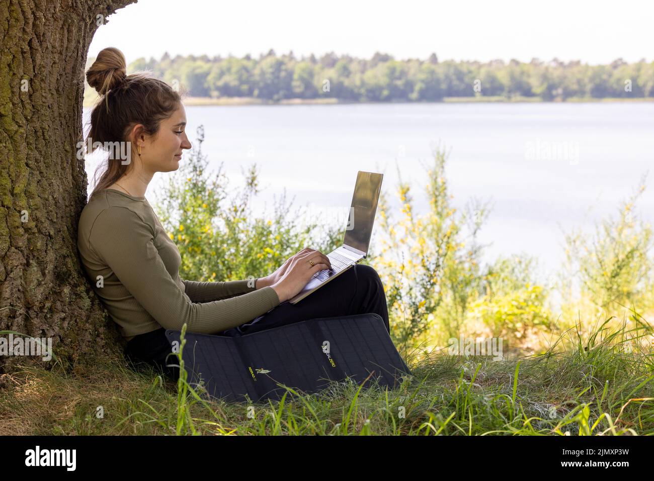 Work from anywhere. Remote freelancer work in nature. Young woman, female freelancer working with laptop with Beautiful view of Stock Photo