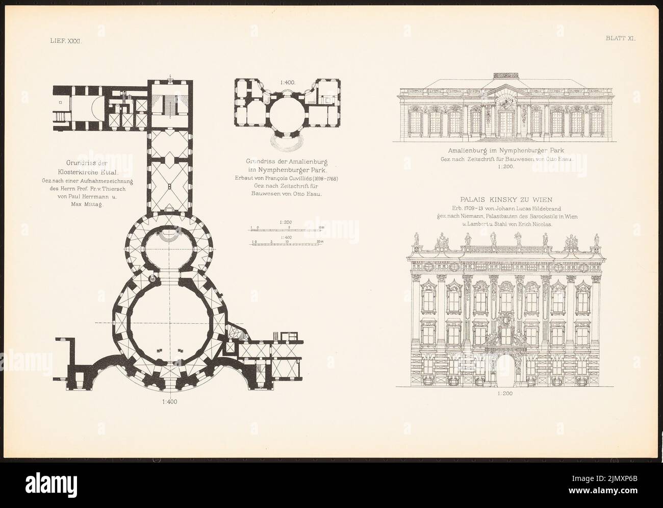 N.N., Klosterkirche zu Ettal. Amalienburg in Nymphenburger Park. Palais Kinsky in Vienna. (From: Bauchkunst d. Baroque in Germany, ed. V. Character Excess d. (1875-1875): Floor plan Ettal, floor plan, Nymphenburg, Vienna. Pressure on paper, 36.8 x 52.7 cm (incl. Scan edges ) Stock Photo